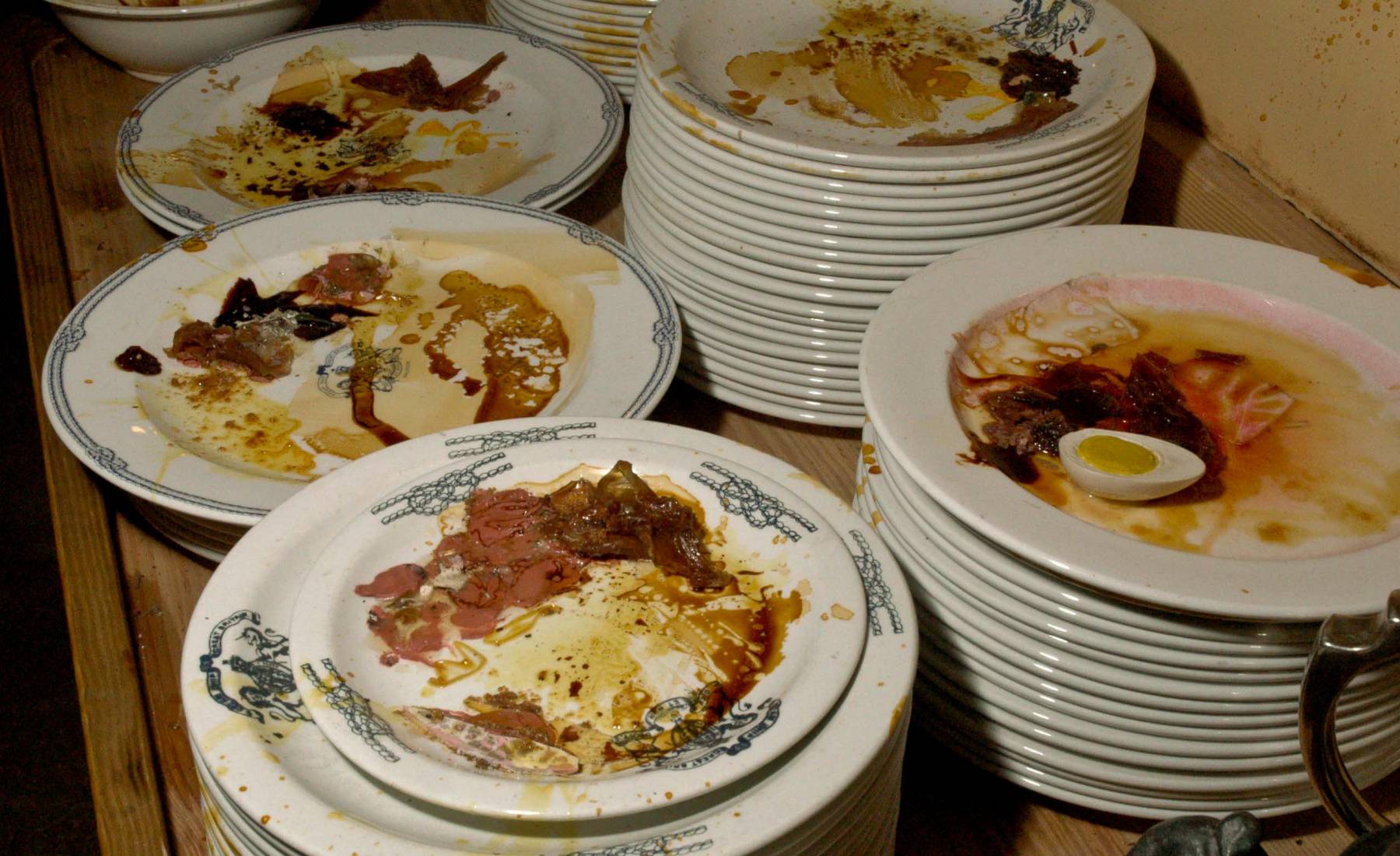 left overs, dirty plates, galley kitchen, s.s. Great Britain, scraps, meat eggs, sauce, china, breakfast