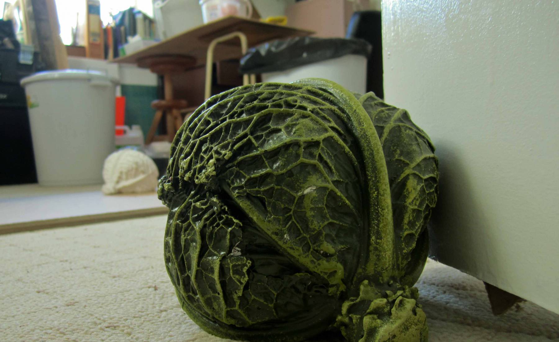 resin cabbage, vegtables, fake food, doorstop, green, realistic, cast, water based resin, vegetable shop, galley kitchen